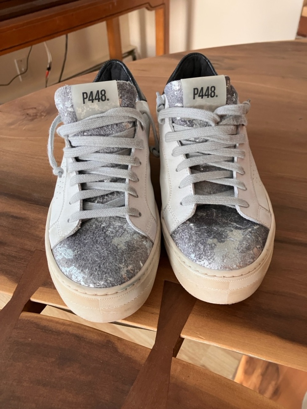 P448 White and Gray Metallic Low-Top Sneakers You Can Surf Later